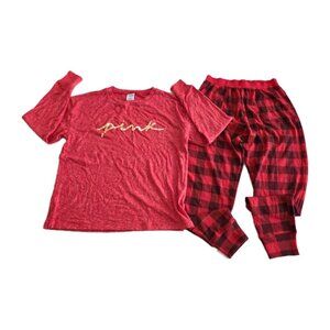 PINK Victorias Secret Pajama Set Women S Heathered Red LS Top Plaid Pants Lounge